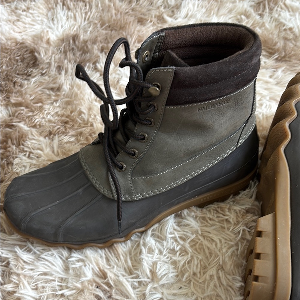 Sperry Olive and Dark Brown Lace-Up Duck Boots